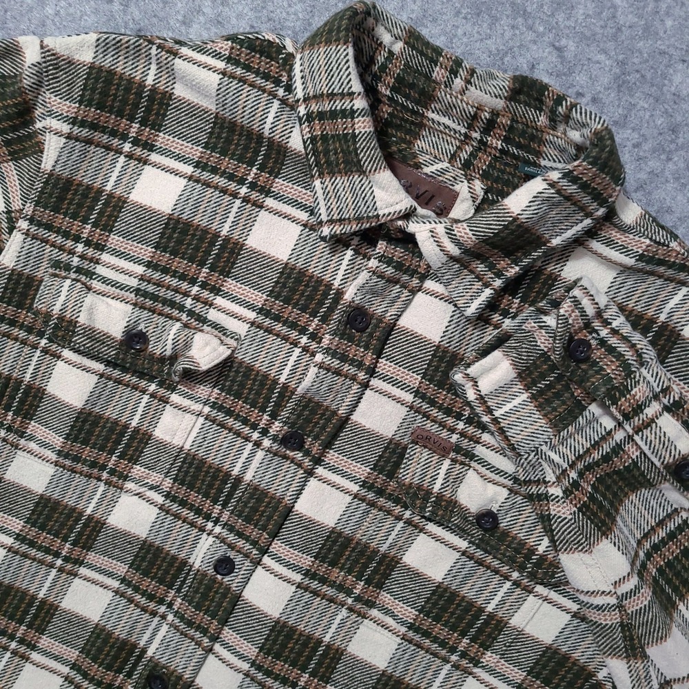 Orvis Flannel Shacket Mens Large Green Plaid Heavyweight Cotton Button Up